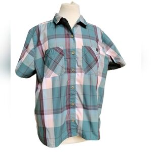 LL Bean Short Sleeve Pocket Outdoor Athleisure Madras Plaid Button Up Size L
